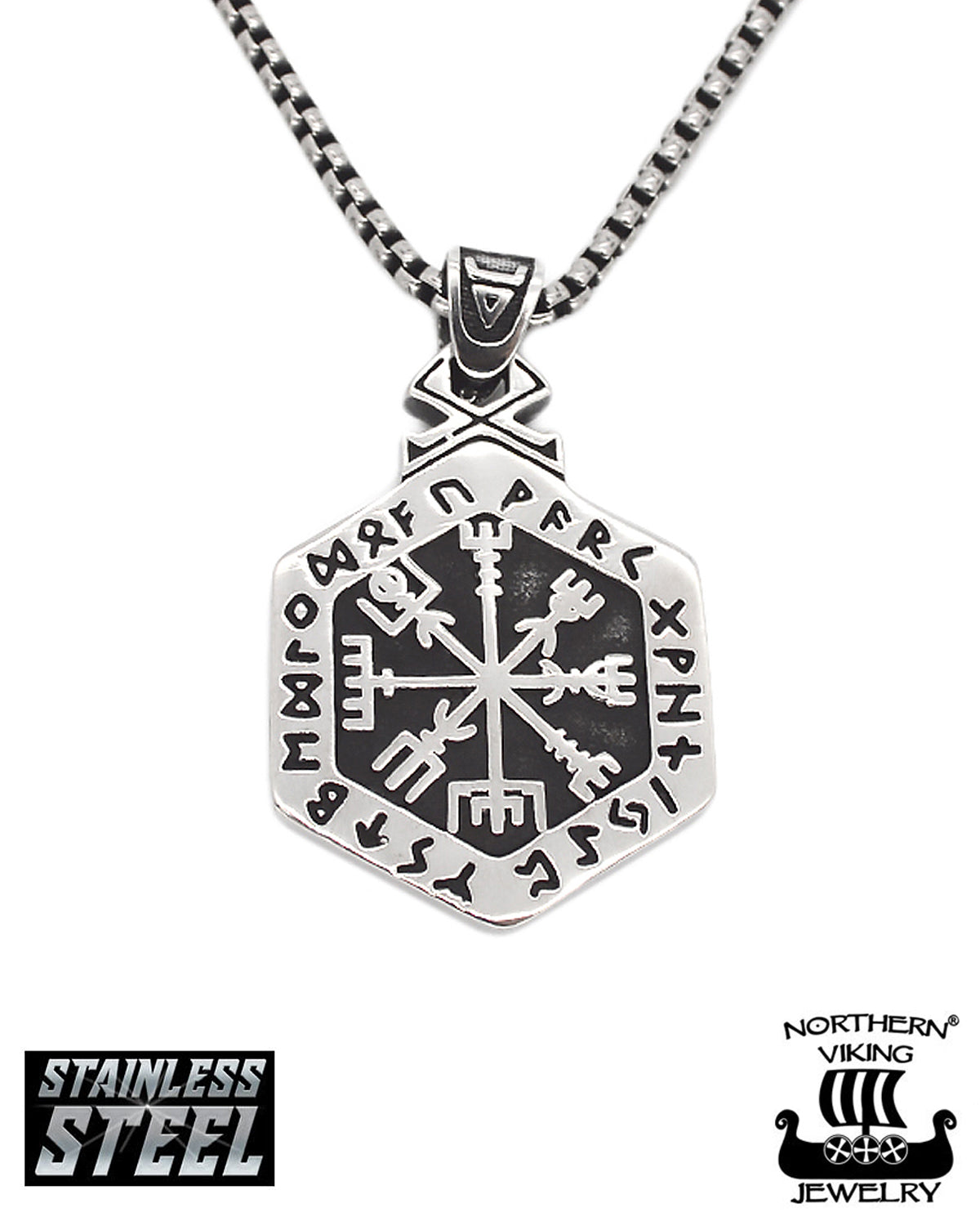 Northern Viking Jewelry Hexagonal Vegvisir kaulakoru - Teräs