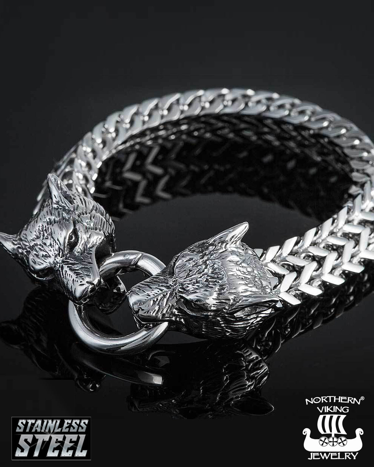 Northern Viking Jewelry Steel Wolf Head rannekoru - Teräs