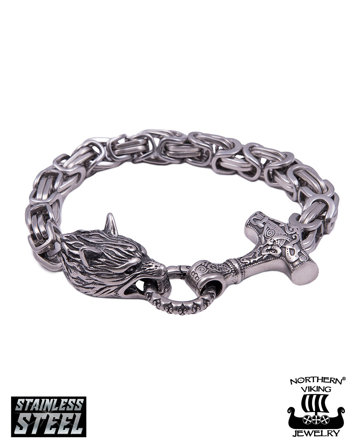 Northern Viking Jewelry Byzantine Thor's Hammer Wolf Head rannekoru - Teräs Default Title