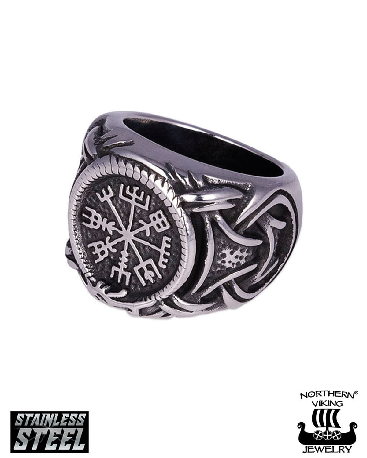 Northern Viking Jewelry Vegvisir with Jormungandr sormus - Teräs 24mm